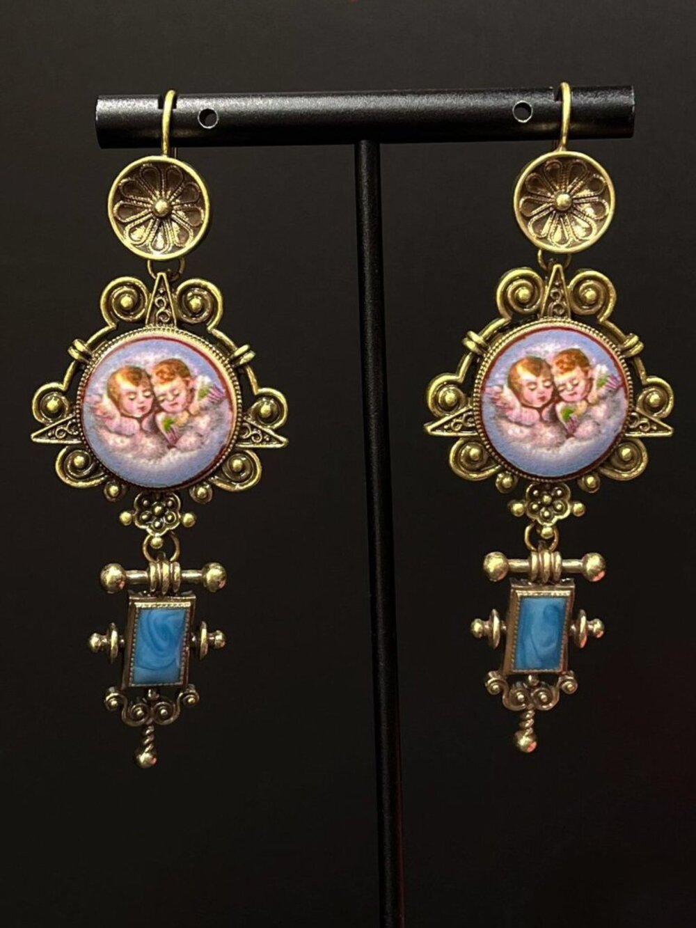 Hand Painted Cherub Angel Portrait Drop Earrings Bronze Tone Blue Cabochon